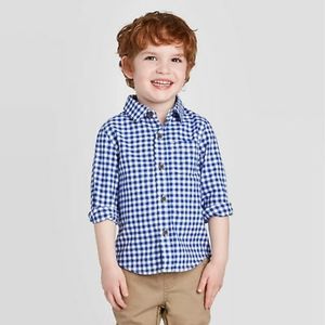 NWT - Cat & Jack woven long sleeve button down - boys, blue gingham, XXL